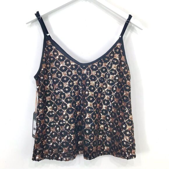 Shyanne Black Golden Bronze Sequin Diamond Pattern Sparkle Tank Top NEW - Picture 8 of 16